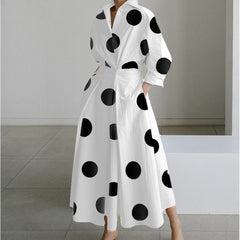 White maxi wrap collared dress with black polka dots, three-quarter sleeves