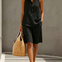 Black sleeveless henley top and matching shorts two-piece set