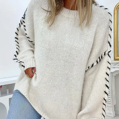 Round-neck long-sleeve sweater in off-white with contrast stitched sleeve trim