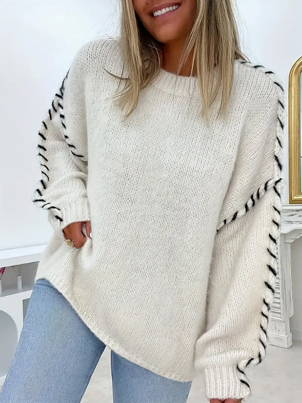 Round-neck long-sleeve sweater in off-white with contrast stitched sleeve trim