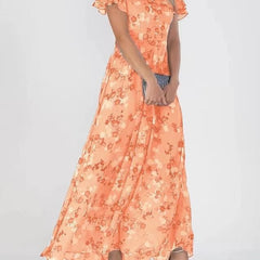 Orange floral maxi dress with short flutter sleeves and V-neck bodice