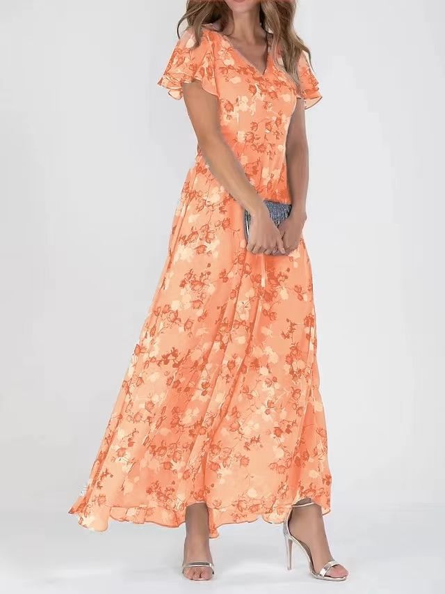 Orange floral maxi dress with short flutter sleeves and V-neck bodice