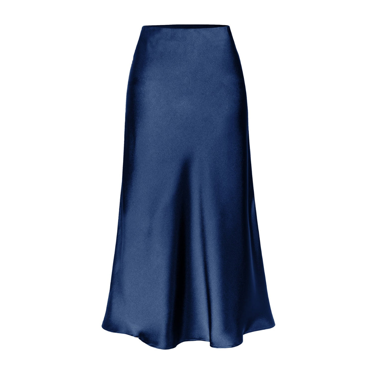 Navy blue high-waist side-slit midi skirt with smooth satin finish