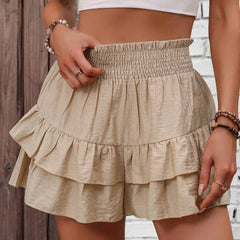 Tiered ruffle skort with smocked waist, khaki, boho casual shorts