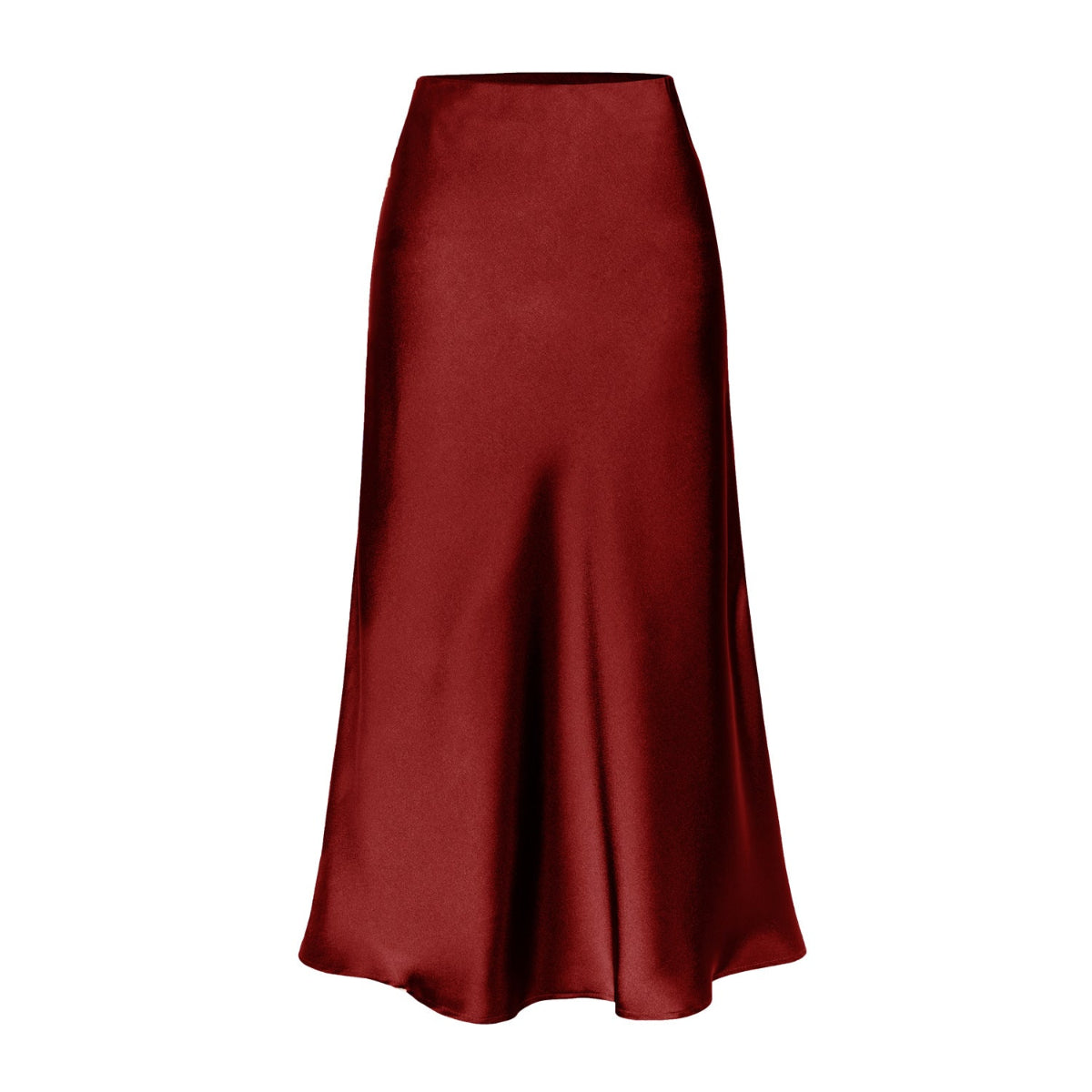 Claret high-waist side-slit midi skirt with smooth satin finish