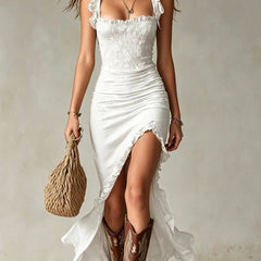 Bohemian ruched maxi dress in white with ruffle straps and side slit, draped hem