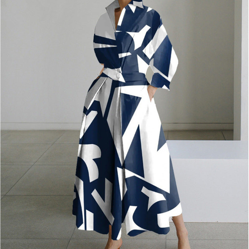 SOFER maxi dress with front wrap collar, long sleeves, blue and white geometric print