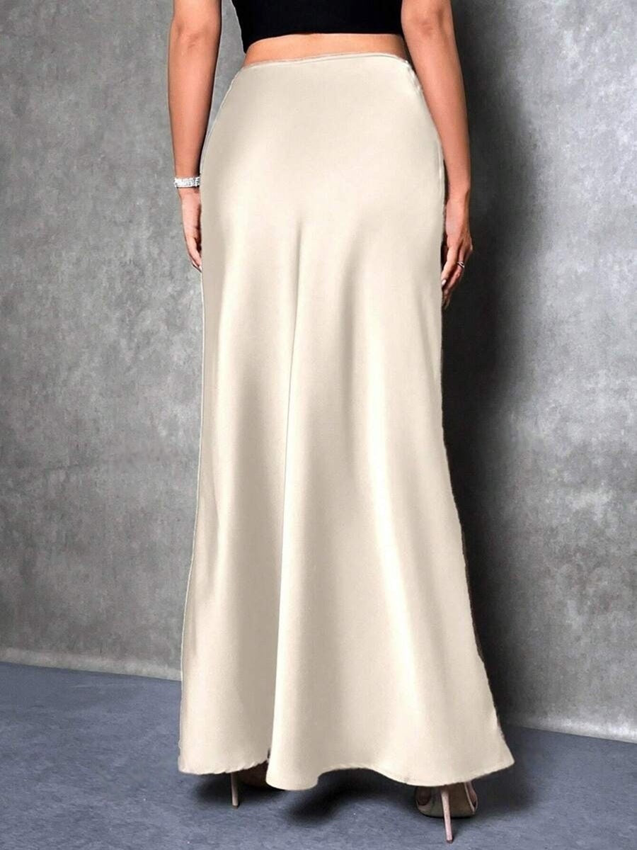 Satin high-waist skirt, beige with flowing A-line hem and ankle length