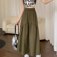 Modern casual long skirt, olive green tiered midi with elastic waistband