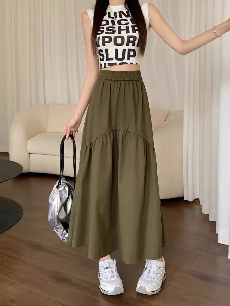 Modern casual long skirt, olive green tiered midi with elastic waistband