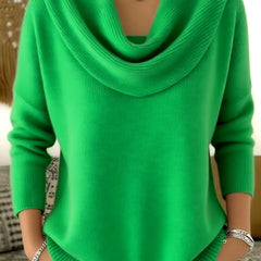 Light green cowl-neck sweater with long sleeves and ribbed hem and cuffs.