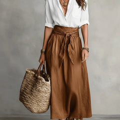 White blouse top and brown midi skirt two-piece set, front view