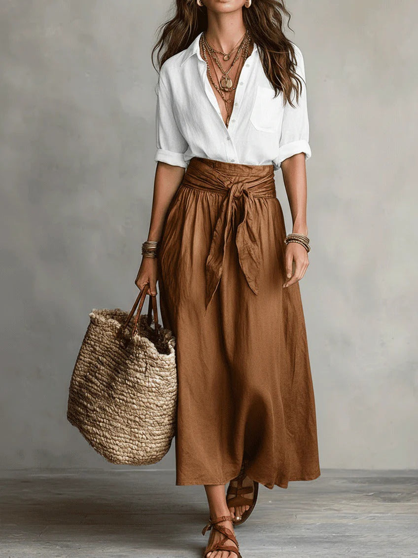 White blouse top and brown midi skirt two-piece set, front view