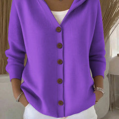 Purple hooded button-up knit cardigan with dark buttons, long sleeves