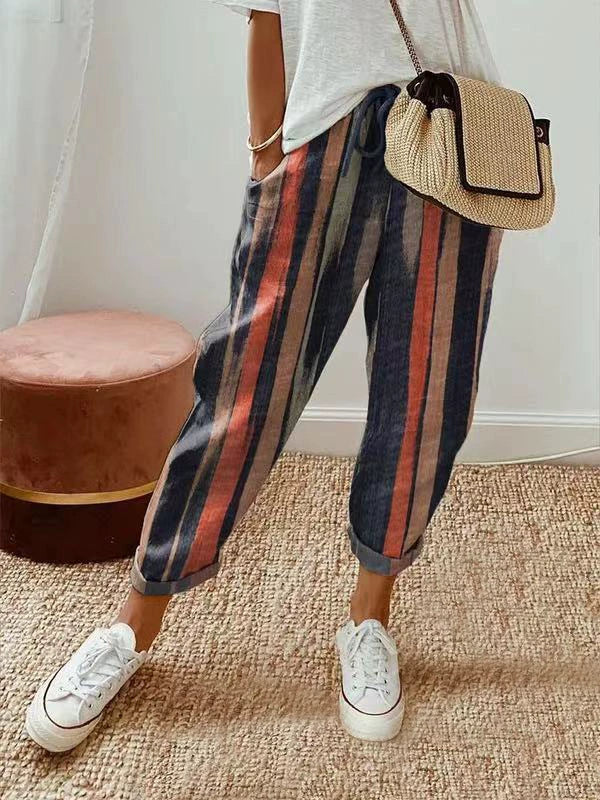Breathable casual trousers with vertical navy and rust plaid stripes, relaxed fit