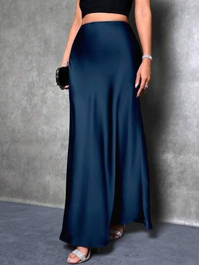 Satin high-waist skirt, navy with flowing A-line hem and ankle length