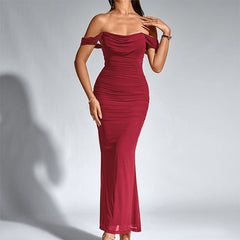 Claret off-shoulder ruched mermaid-style evening dress with draped neckline