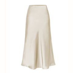 Beige high-waist side-slit midi skirt with smooth satin finish