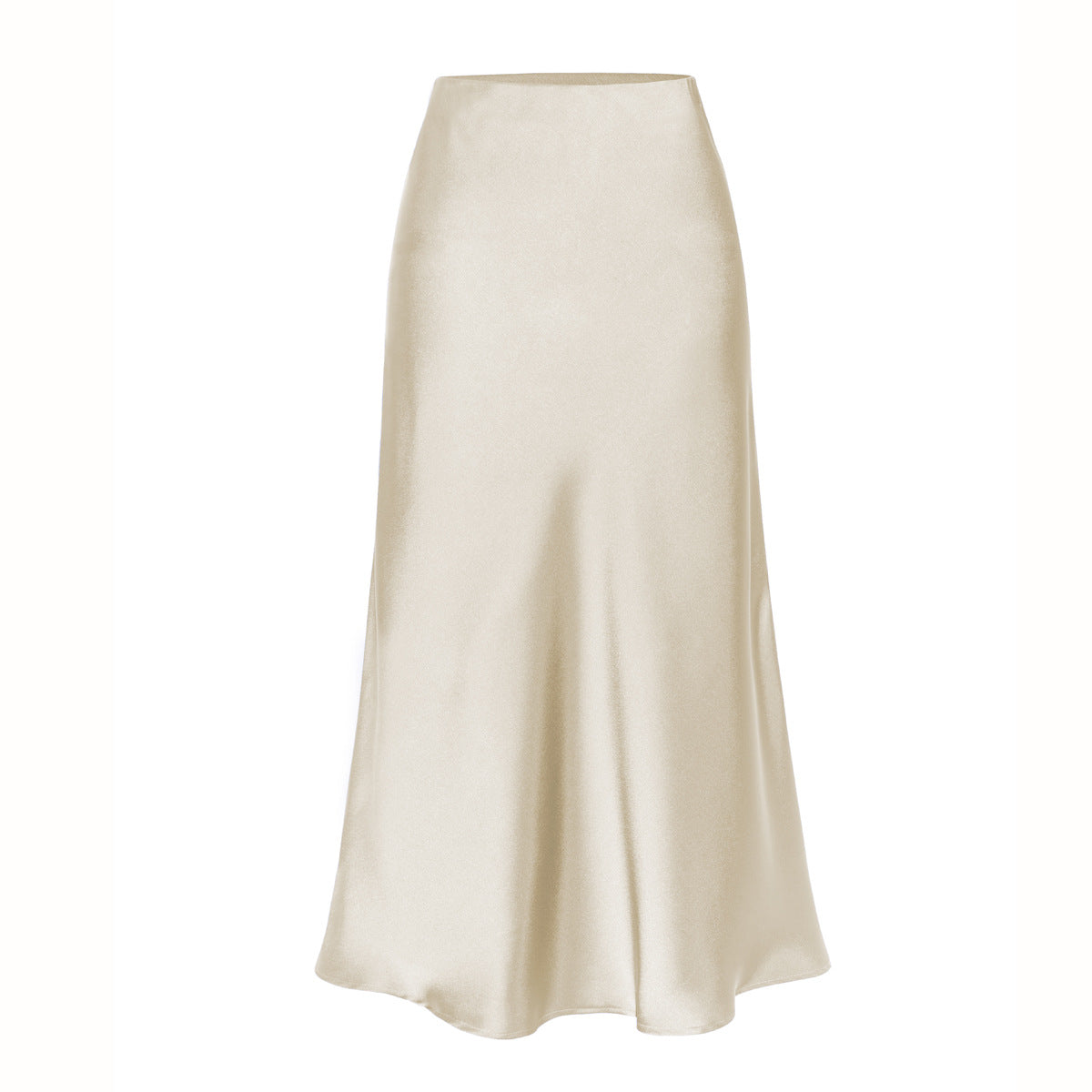 Beige high-waist side-slit midi skirt with smooth satin finish