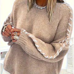 Round-neck long-sleeve sweater in khaki/taupe with contrast stitched sleeve trim