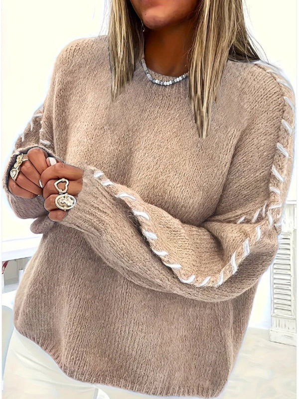 Round-neck long-sleeve sweater in khaki/taupe with contrast stitched sleeve trim