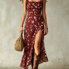 Burgundy ditsy floral smocked maxi dress with ruffle straps and front slit