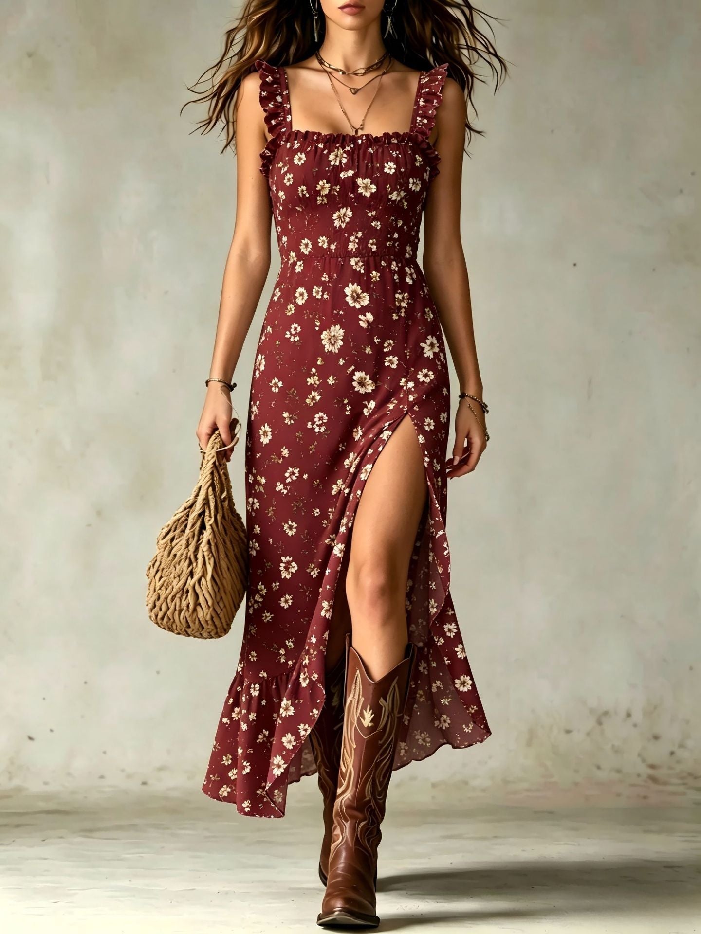 Burgundy ditsy floral smocked maxi dress with ruffle straps and front slit