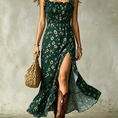 Green ditsy floral smocked maxi dress with ruffle straps and front slit
