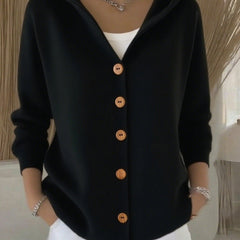 Black hooded button-up knit cardigan with wooden-look buttons, long sleeves