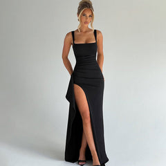 Black sleeveless square-neck maxi slip dress with ruched bodice and high front slit