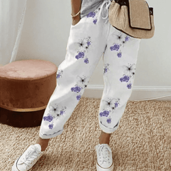 ALISON casual patterned trousers in white with purple floral print, drawstring waist