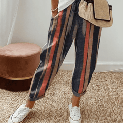 ALISON casual patterned trousers with navy and rust vertical stripes, drawstring waist