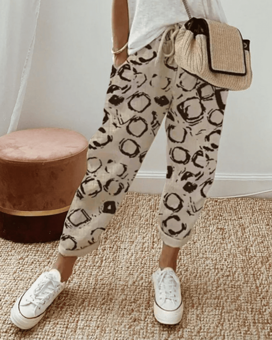 ALISON casual patterned trousers in beige with black abstract print, drawstring waist