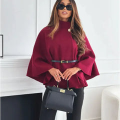 GAMORA high-neck cape jacket, burgundy with cape sleeves and waist belt