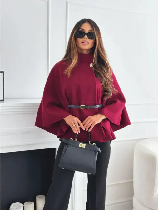 GAMORA high-neck cape jacket, burgundy with cape sleeves and waist belt