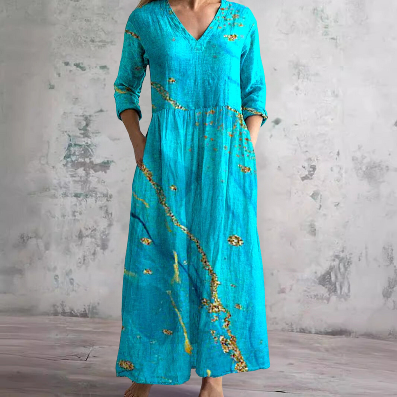 WILLOW floral summer dress, turquoise V-neck, long sleeves, gathered waist, floral print