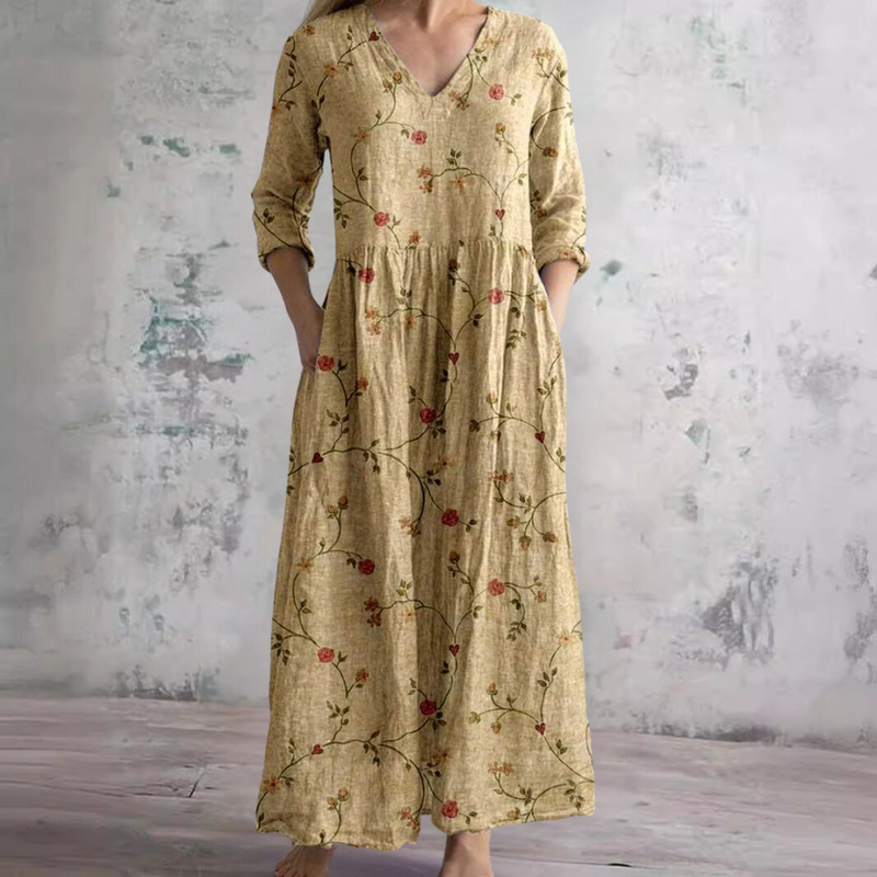 Yellow floral summer dress, V-neck, gathered waist, long puff sleeves, maxi length