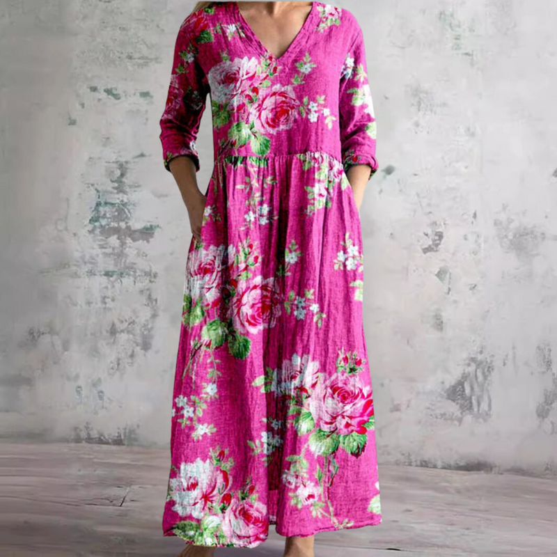 Hot pink floral summer dress with V-neck and 3/4 sleeves
