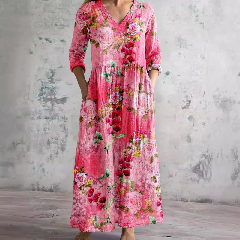 Pink floral V-neck summer dress with gathered waist and 3/4 sleeves