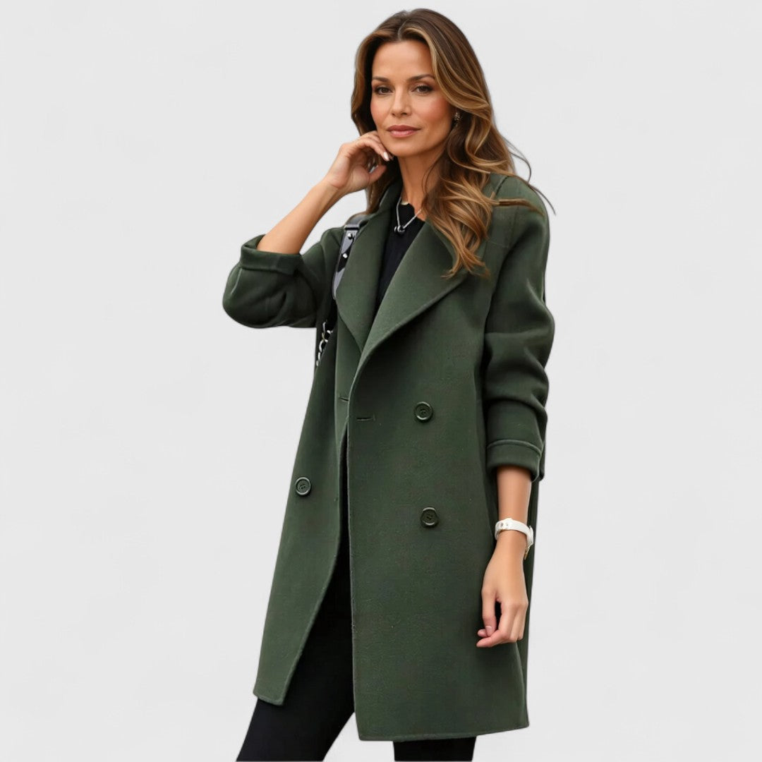 Women's military green long coat with notched lapel and front buttons
