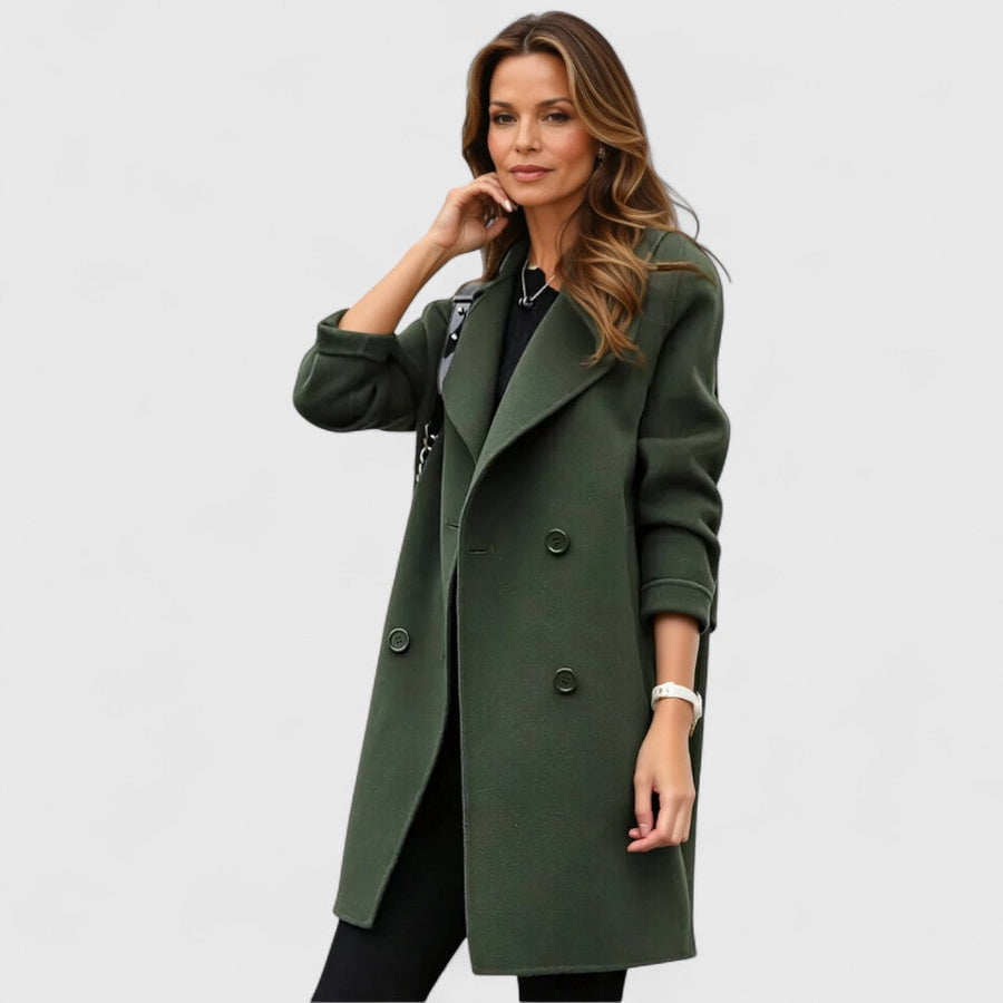 Women's military green long coat with notched lapel and front buttons
