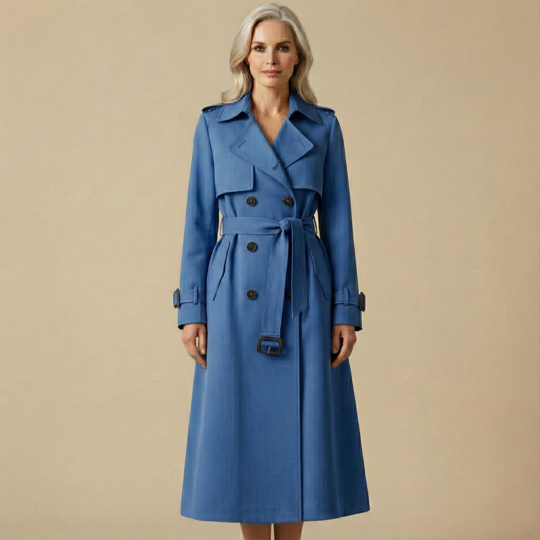 Blue belted trench coat with notch lapels, buttoned placket, and tied waist belt