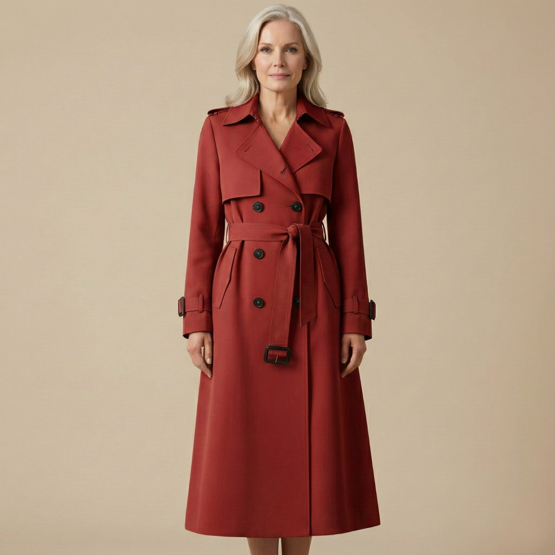Red belted trench coat with notch lapels, buttoned flap pockets, and cuff straps