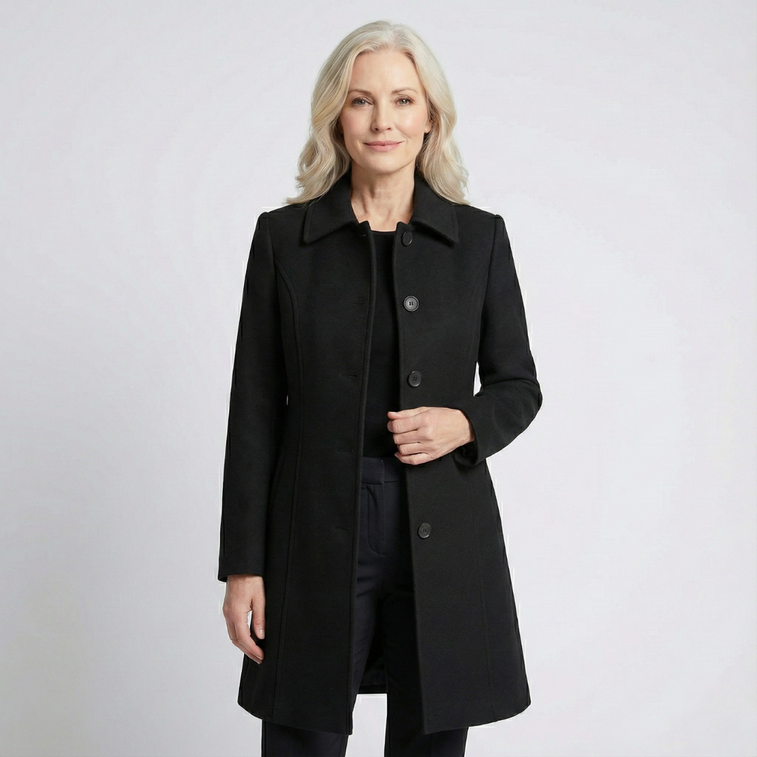 GRACE waterproof windproof zip coat in black, button-front with notched collar
