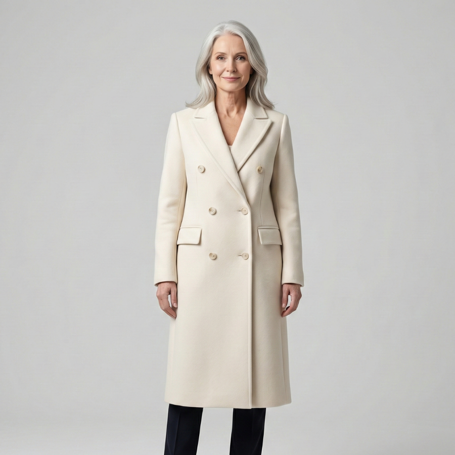 Cream longline double-breasted coat with notched lapels and gold-tone buttons