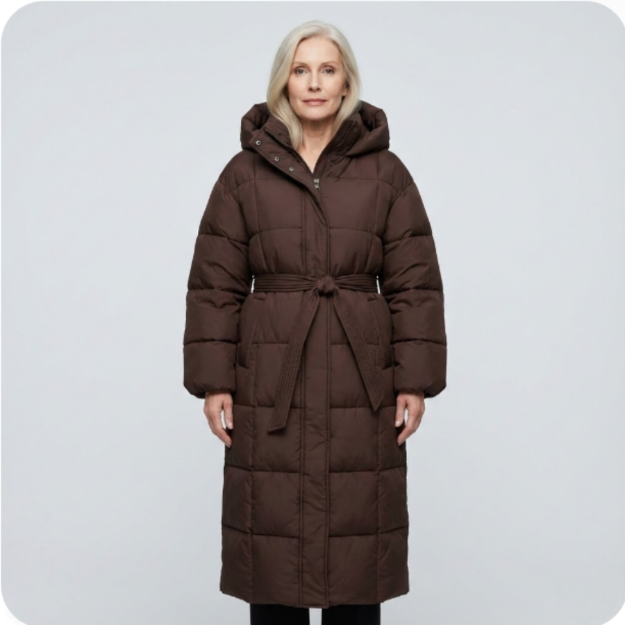 Long belted puffer coat, brown, hooded with front zip and tie belt