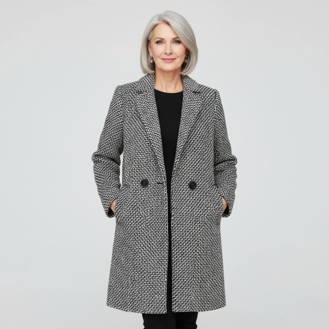 Gray herringbone long coat with notched lapels and double-breasted buttons