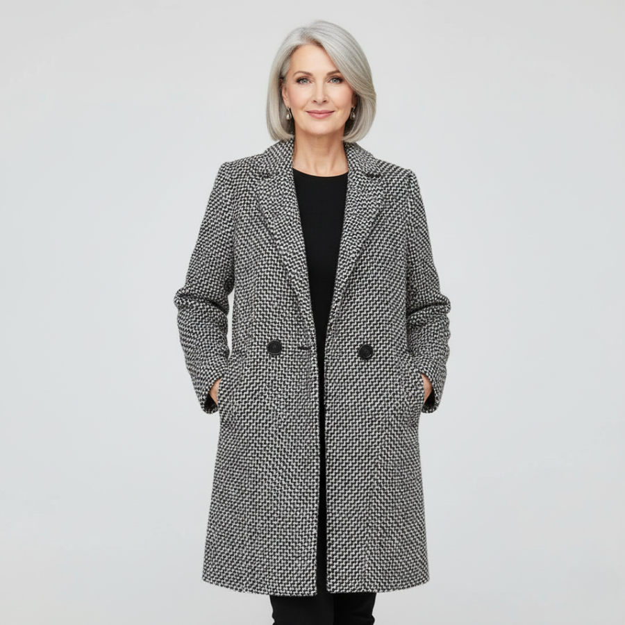 Gray herringbone long coat with notched lapels and double-breasted buttons
