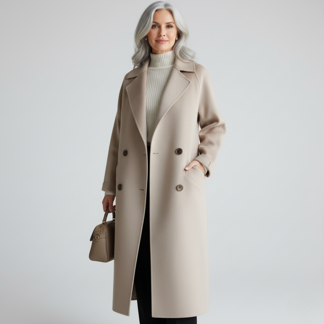 Elegant light beige double-breasted coat with notch lapels and front buttons