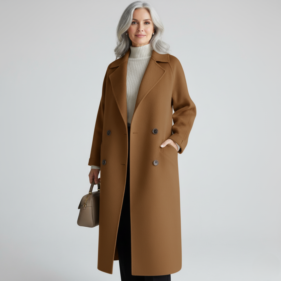 Elegant camel brown double-breasted coat with notch lapels and front buttons